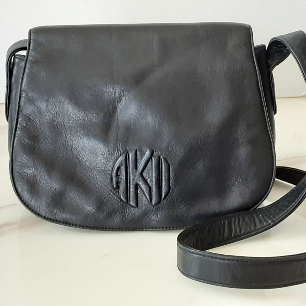 ANNE KLEIN II Logo Black Leather Fold-Over Flap Shoulder Crossbody Bag-Vtg 90's